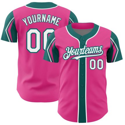 Personalized Pink White-Teal 3 Colors Arm Shapes Authentic Baseball Jersey Team Custom Name and Number