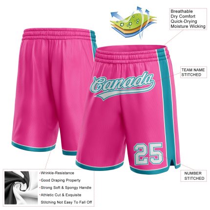 Personalized Pink White-Teal Authentic Basketball Shorts Team Custom Name and Number