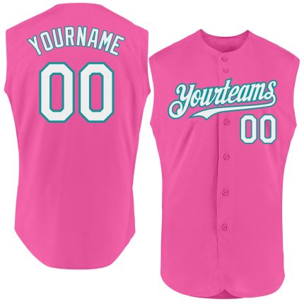 Personalized Pink White-Teal Authentic Sleeveless Baseball Jersey Team Custom Name and Number