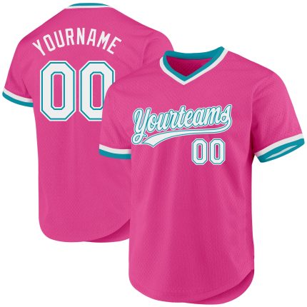 Personalized Pink White-Teal Authentic Throwback Baseball Jersey Team Custom Name and Number