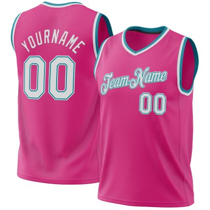 Personalized Pink White-Teal Authentic Throwback Basketball Jersey Team Custom Name and Number