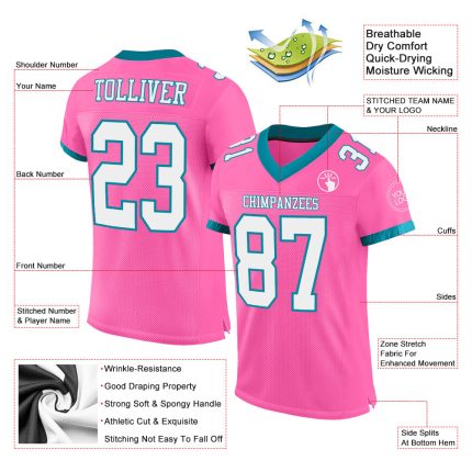 Personalized Pink White-Teal Mesh Authentic Football Jersey Team Custom Name and Number