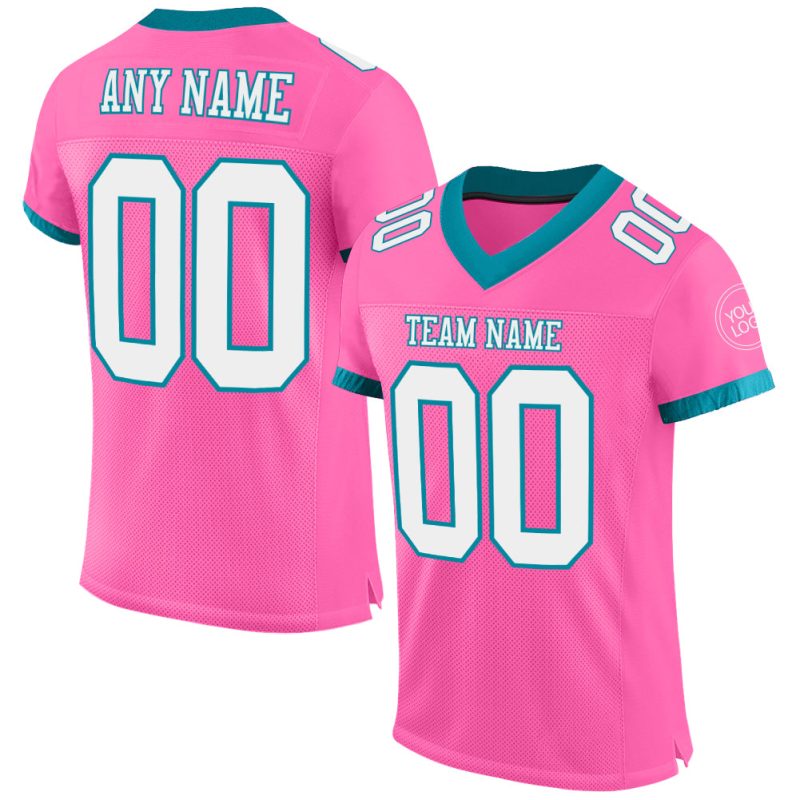 Personalized Pink White-Teal Mesh Authentic Football Jersey Team Custom Name and Number