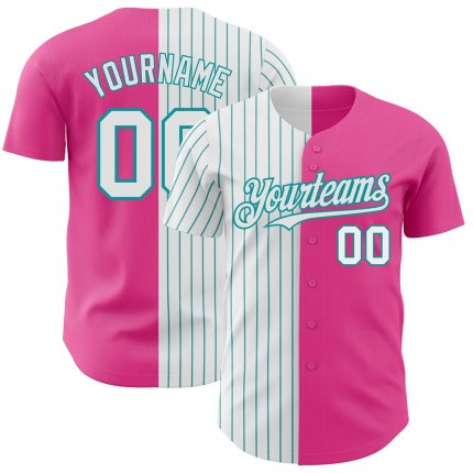 Personalized Pink White-Teal Pinstripe Authentic Split Fashion Baseball Jersey Team Custom Name and Number