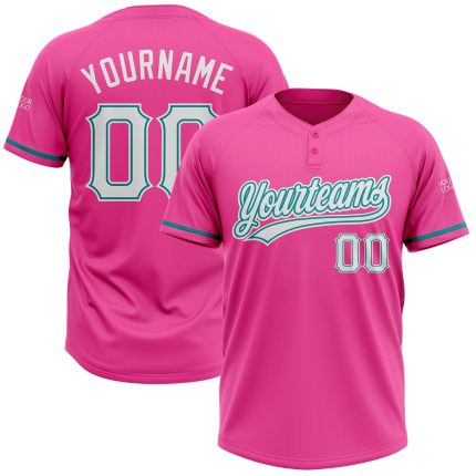 Personalized Pink White-Teal Two-Button Unisex Softball Jersey Team Custom Name and Number