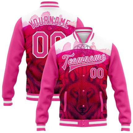 Personalized Pink White Wolf With Dreamcatcher 3D Pattern Design Bomber Full-Snap Varsity Letterman Jacket Team Custom Name and Number