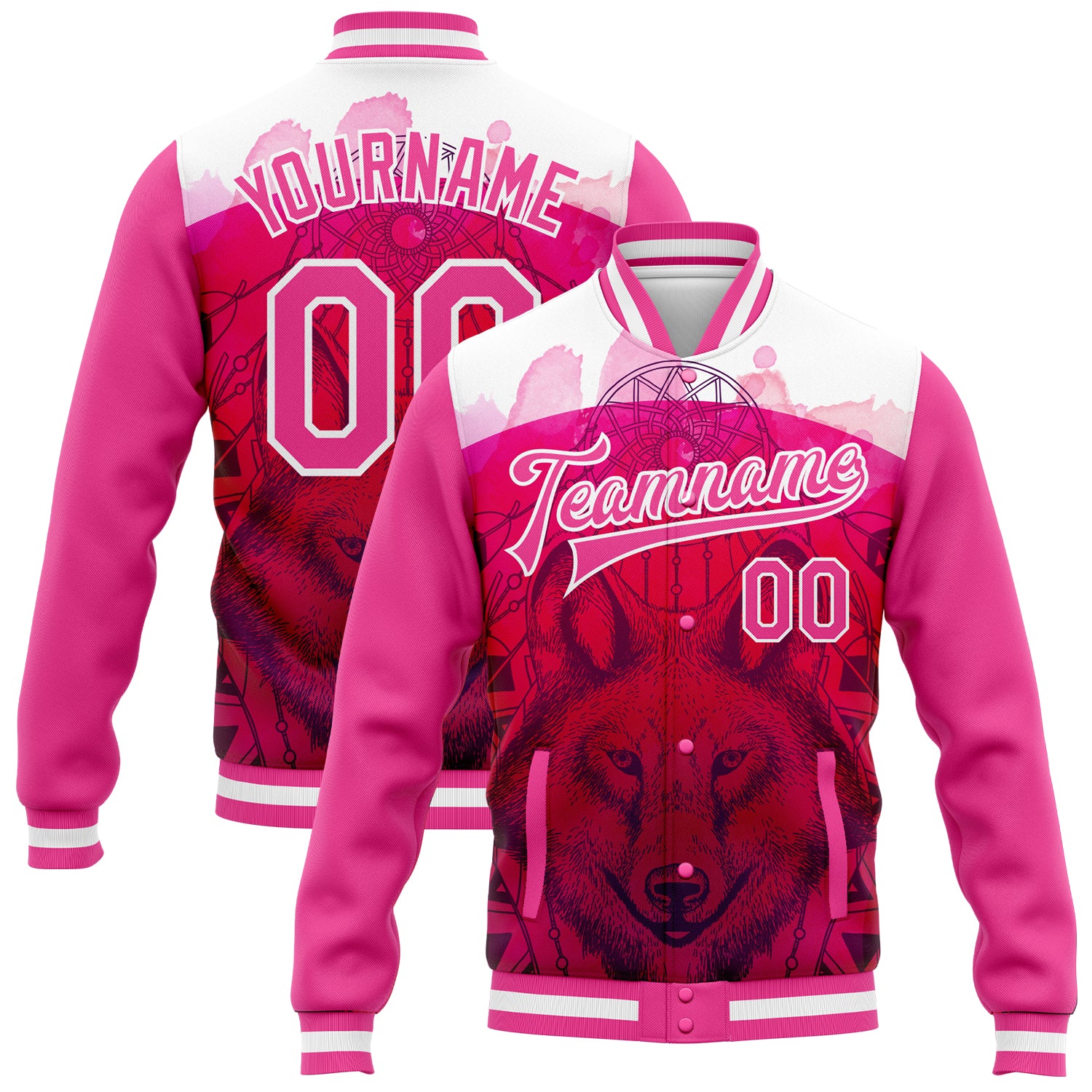 Personalized Pink White Wolf With Dreamcatcher 3D Pattern Design Bomber Full-Snap Varsity Letterman Jacket Team Custom Name and Number