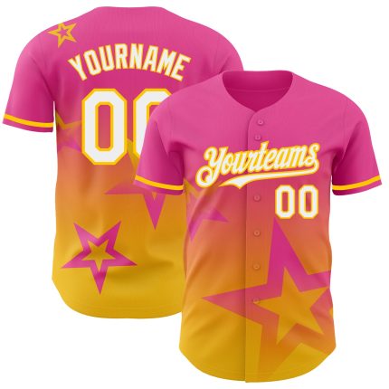 Personalized Pink White-Yellow 3D Pattern Design Gradient Style Twinkle Star Authentic Baseball Jersey Team Custom Name and Number