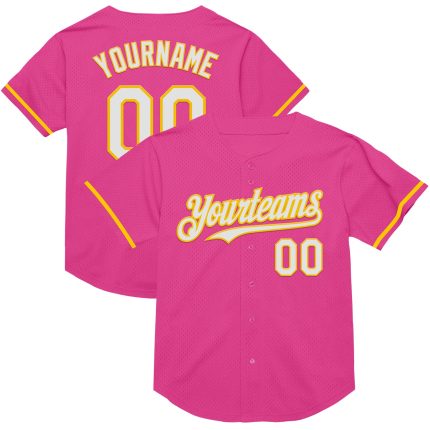 Personalized Pink White-Yellow Mesh Authentic Throwback Baseball Jersey Team Custom Name and Number