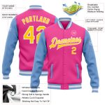 Personalized Pink Yellow-Light Blue Bomber Full-Snap Varsity Letterman Two Tone Jacket Team Custom Name and Number