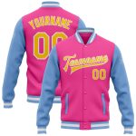 Personalized Pink Yellow-Light Blue Bomber Full-Snap Varsity Letterman Two Tone Jacket Team Custom Name and Number