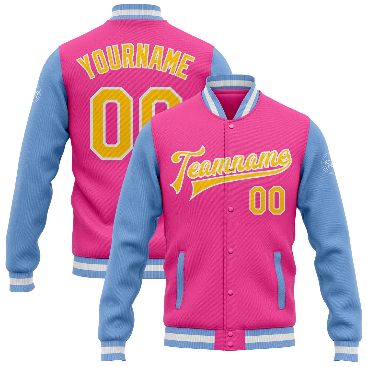 Personalized Pink Yellow-Light Blue Bomber Full-Snap Varsity Letterman Two Tone Jacket Team Custom Name and Number
