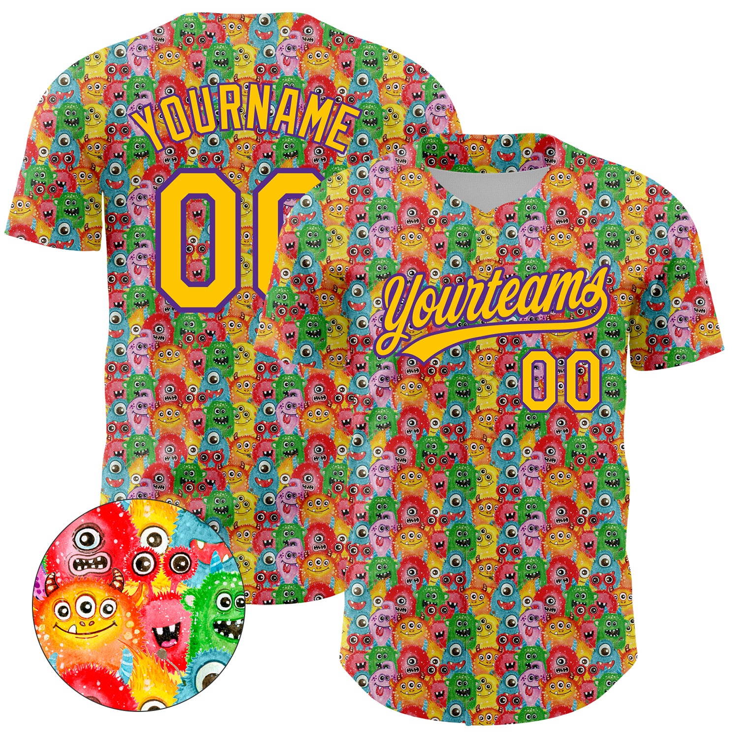 Personalized Pink Yellow-Purple 3D Pattern Design Animal Funny Monster Authentic Baseball Jersey