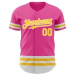 Personalized Pink Yellow-White Line Authentic Baseball Jersey Team Custom Name and Number