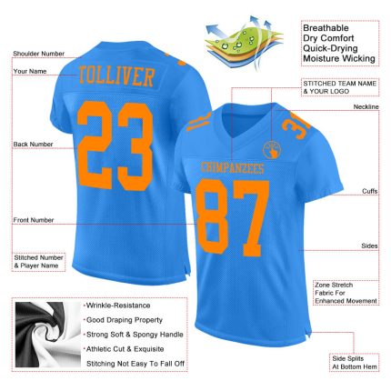 Personalized Powder Blue Bay Orange Mesh Authentic Football Jersey Team Custom Name and Number