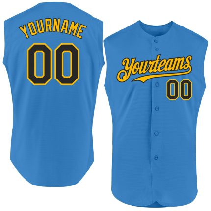 Personalized Powder Blue Black-Gold Authentic Sleeveless Baseball Jersey Team Custom Name and Number