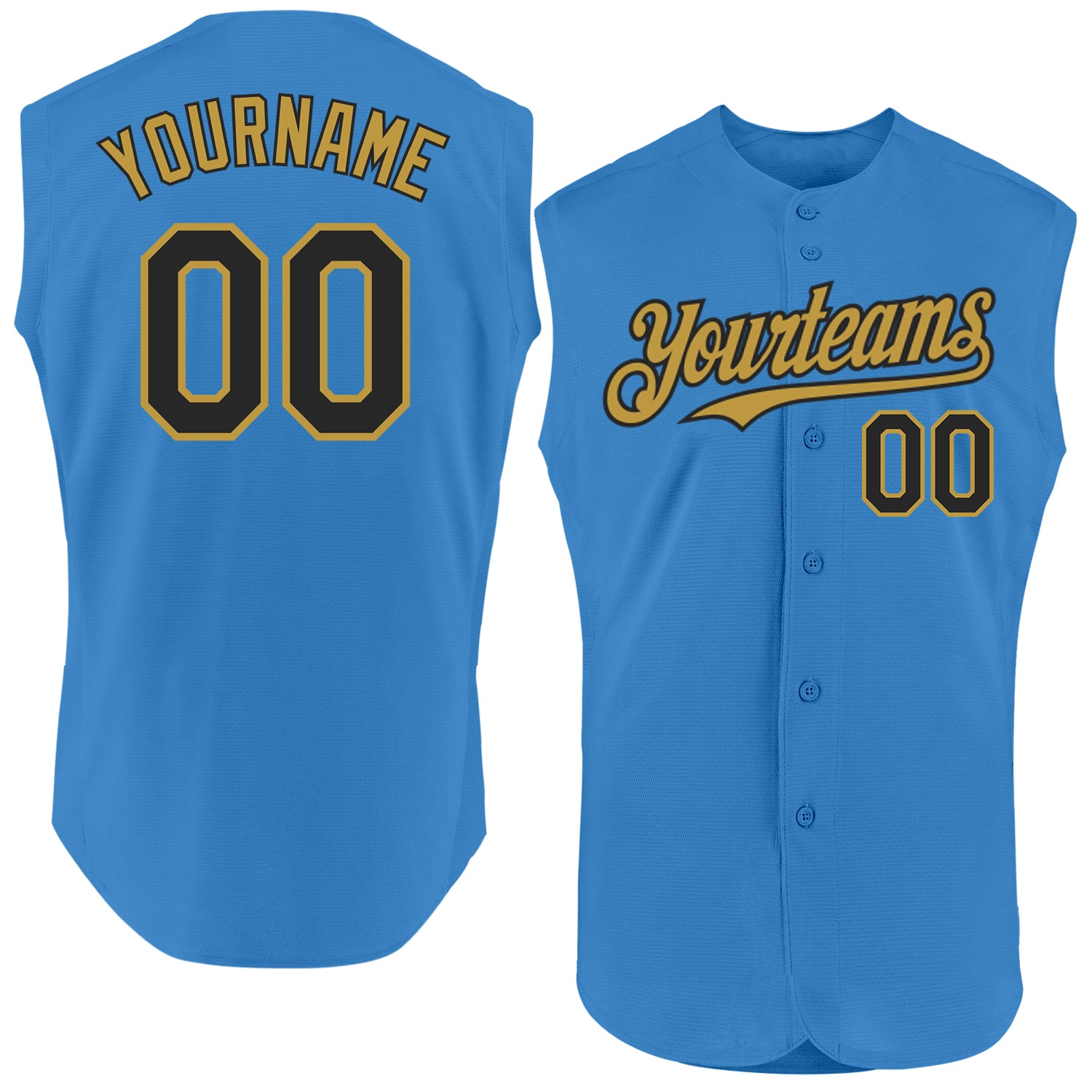 Personalized Powder Blue Black-Old Gold Authentic Sleeveless Baseball Jersey Team Custom Name and Number