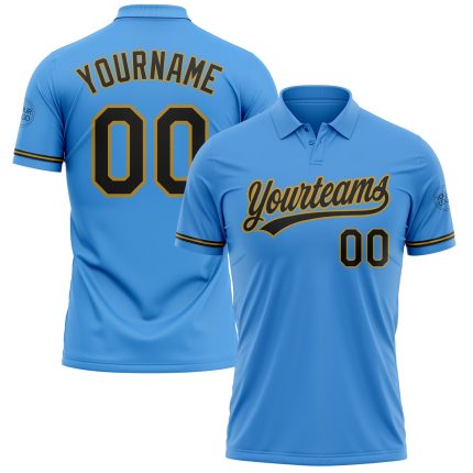 Personalized Powder Blue Black-Old Gold Performance Vapor Golf Polo Shirt Team Custom Name and Number