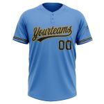 Personalized Powder Blue Black-Old Gold Two-Button Unisex Softball Jersey Team Custom Name and Number