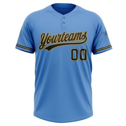 Personalized Powder Blue Black-Old Gold Two-Button Unisex Softball Jersey Team Custom Name and Number
