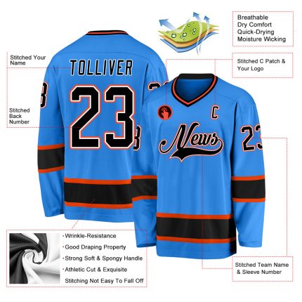Personalized Powder Blue Black-Orange Hockey Jersey
