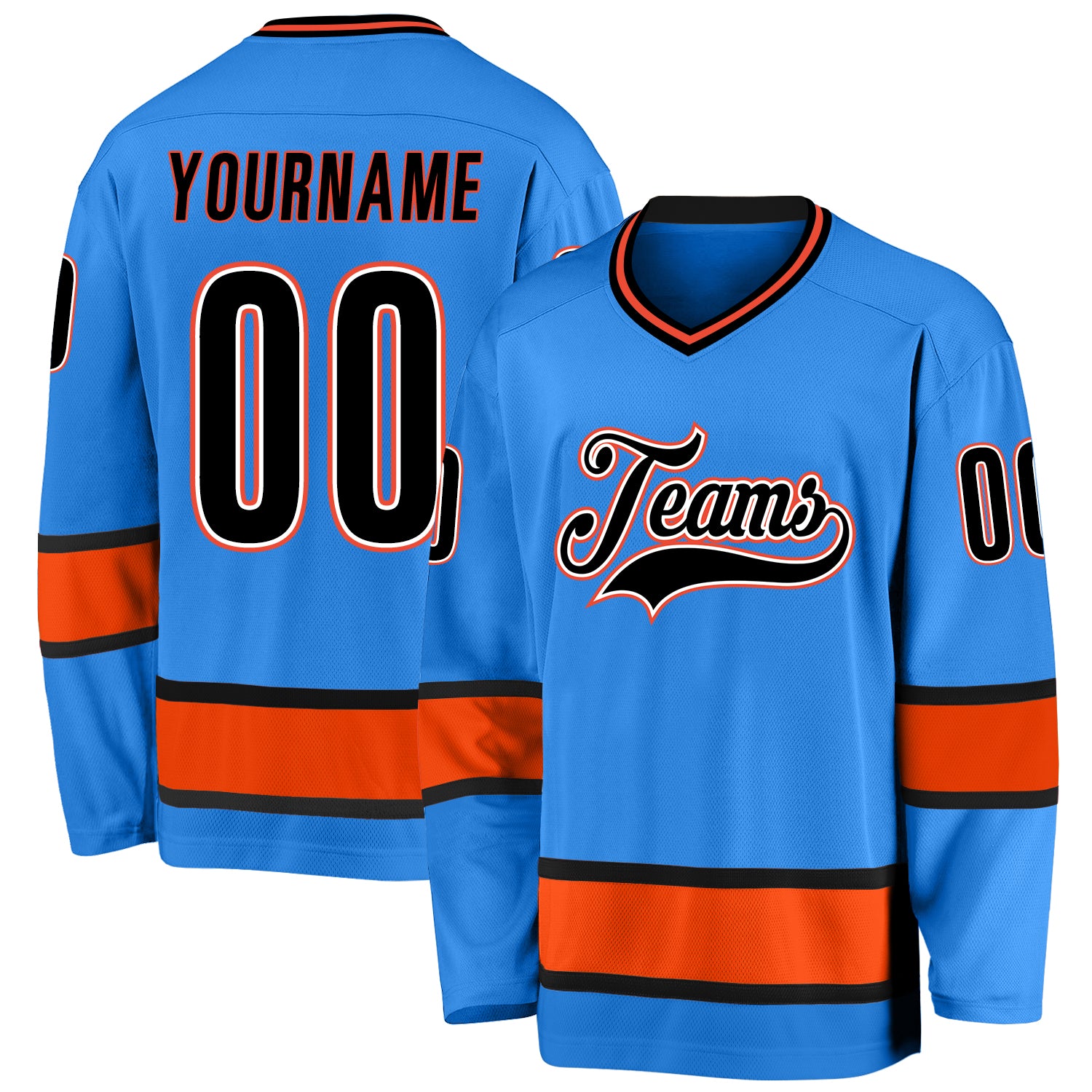 Personalized Powder Blue Black-Orange Hockey Jersey Team Custom Name and Number