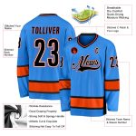 Personalized Powder Blue Black-Orange Hockey Jersey Team Custom Name and Number