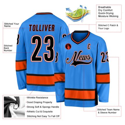 Personalized Powder Blue Black-Orange Hockey Jersey Team Custom Name and Number