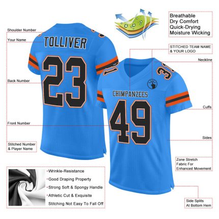 Personalized Powder Blue Black-Orange Mesh Authentic Football Jersey Team Custom Name and Number