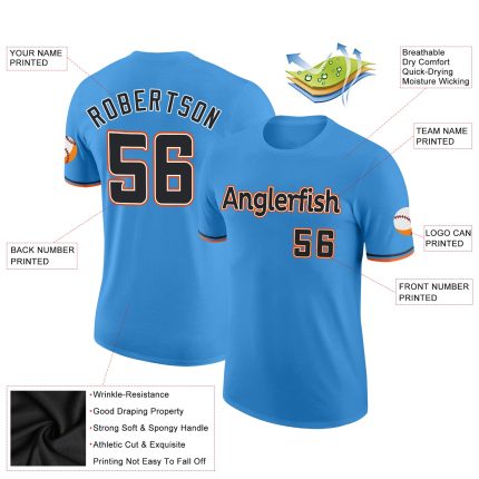 Personalized Powder Blue Black-Orange Performance T-Shirt Team Custom Name and Number