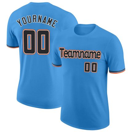 Personalized Powder Blue Black-Orange Performance T-Shirt Team Custom Name and Number