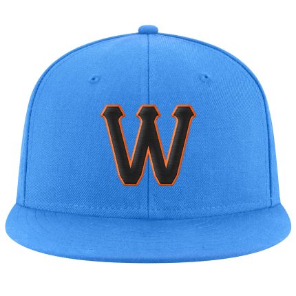 Personalized Powder Blue Black-Orange Stitched Adjustable Snapback Hat Team Custom Name and Number