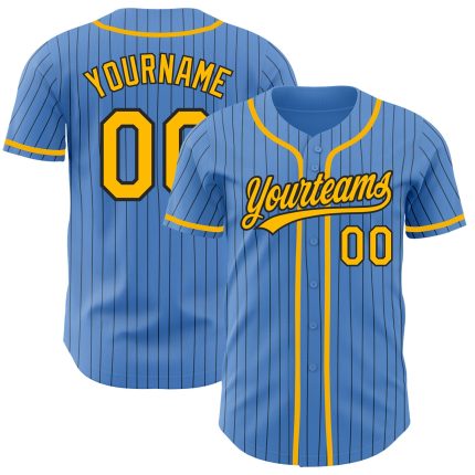Personalized Powder Blue Black Pinstripe Gold Authentic Baseball Jersey Team Custom Name and Number
