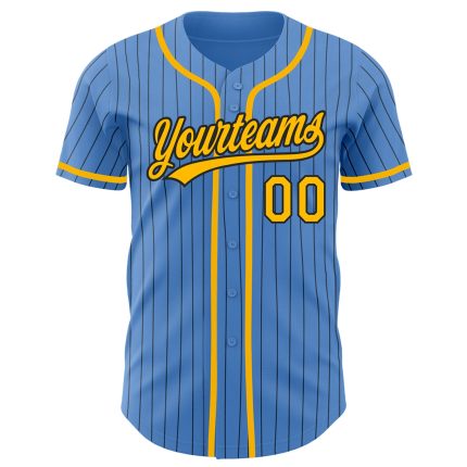 Personalized Powder Blue Black Pinstripe Gold Authentic Baseball Jersey Team Custom Name and Number