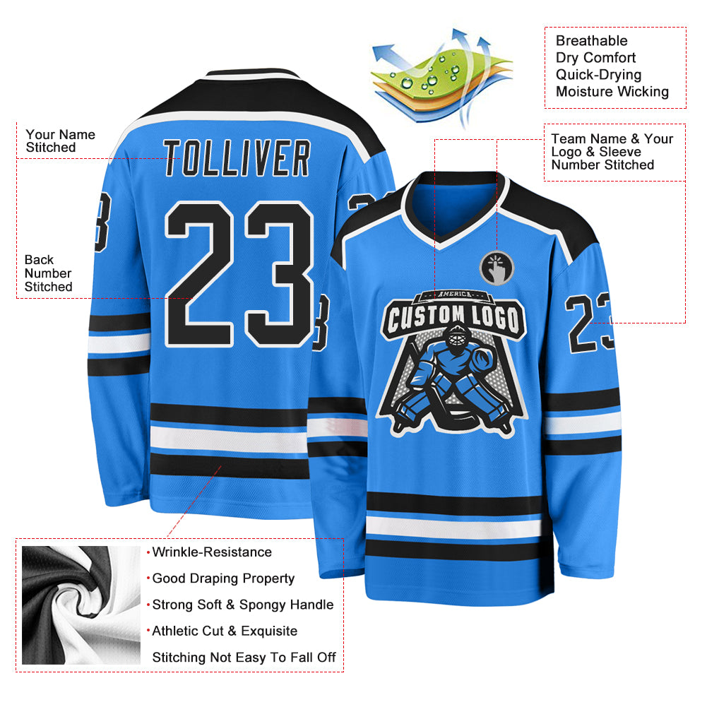 Personalized Powder Blue Black-White Hockey Jersey Team Custom Name and Number Personalized Powder Blue Black-White Hockey Jersey Team Custom Name and Number - Image 3