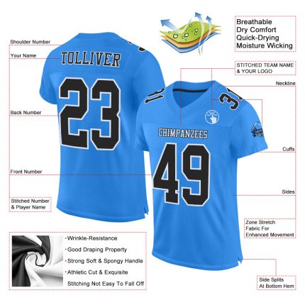 Personalized Powder Blue Black-White Mesh Authentic Football Jersey Team Custom Name and Number