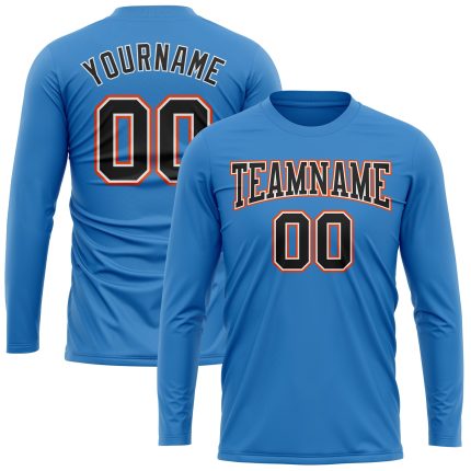 Personalized Powder Blue Black White-Orange Long Sleeve Performance T-Shirt Team Custom Name and Number