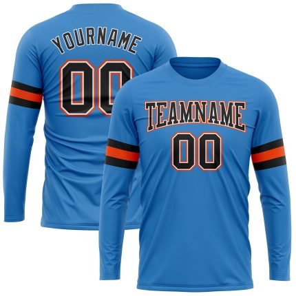 Personalized Powder Blue Black White-Orange Long Sleeve Performance T-Shirt Team Custom Name and Number