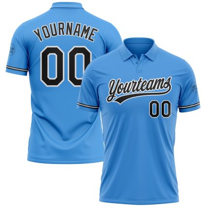 Personalized Powder Blue Black-White Performance Vapor Golf Polo Shirt Team Custom Name and Number