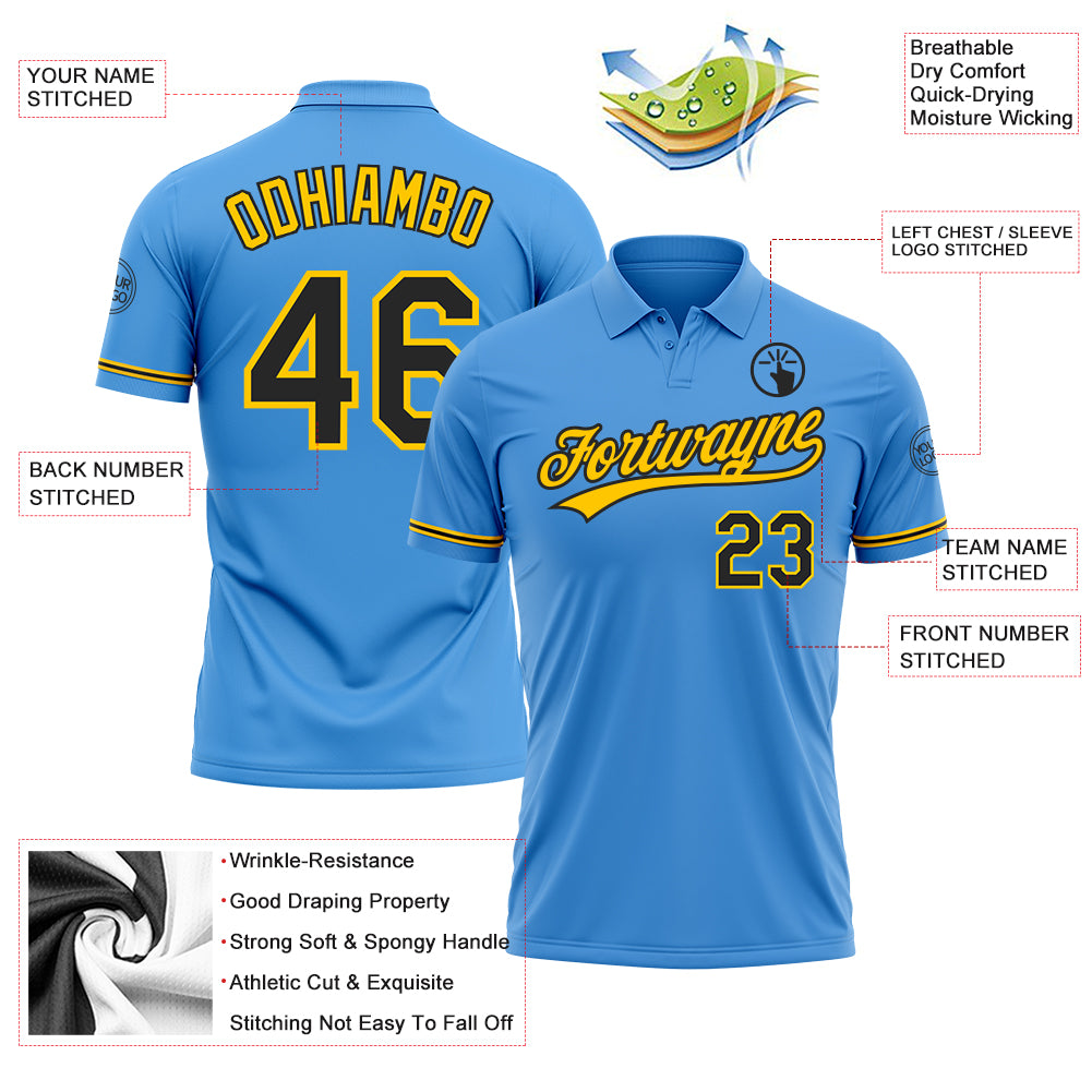 Personalized Powder Blue Black-Yellow Performance Vapor Golf Polo Shirt Team Custom Name and Number Personalized Powder Blue Black-Yellow Performance Vapor Golf Polo Shirt Team Custom Name and Number - Image 3