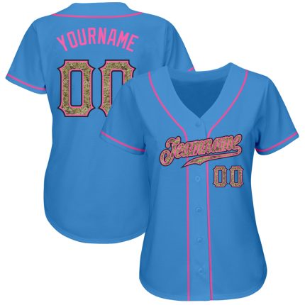 Personalized Powder Blue Camo-Pink Authentic Baseball Jersey Team Custom Name and Number