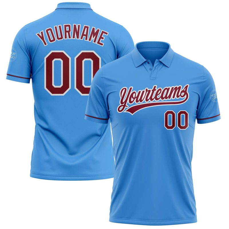 Personalized Powder Blue Crimson-White Performance Vapor Golf Polo Shirt Team Custom Name and Number