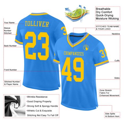 Personalized Powder Blue Gold Mesh Authentic Throwback Football Jersey Team Custom Name and Number