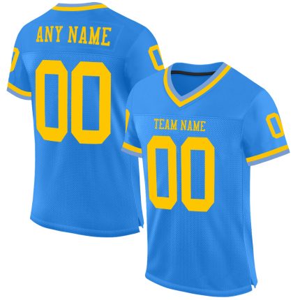 Personalized Powder Blue Gold Mesh Authentic Throwback Football Jersey Team Custom Name and Number