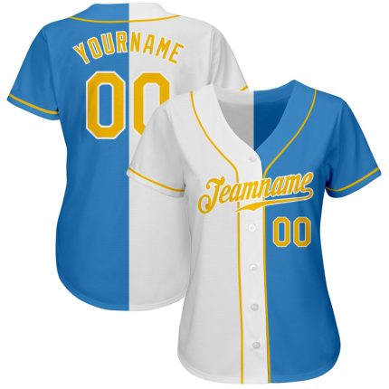 Personalized Powder Blue Gold-White Authentic Split Fashion Baseball Jersey Team Custom Name and Number
