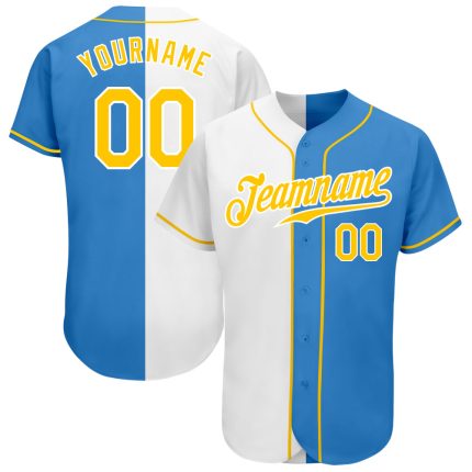 Personalized Powder Blue Gold-White Authentic Split Fashion Baseball Jersey Team Custom Name and Number