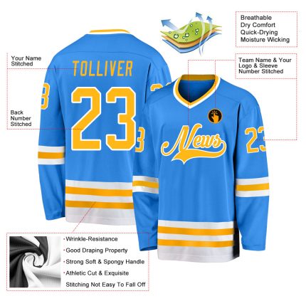 Personalized Powder Blue Gold-White Hockey Jersey Team Custom Name and Number