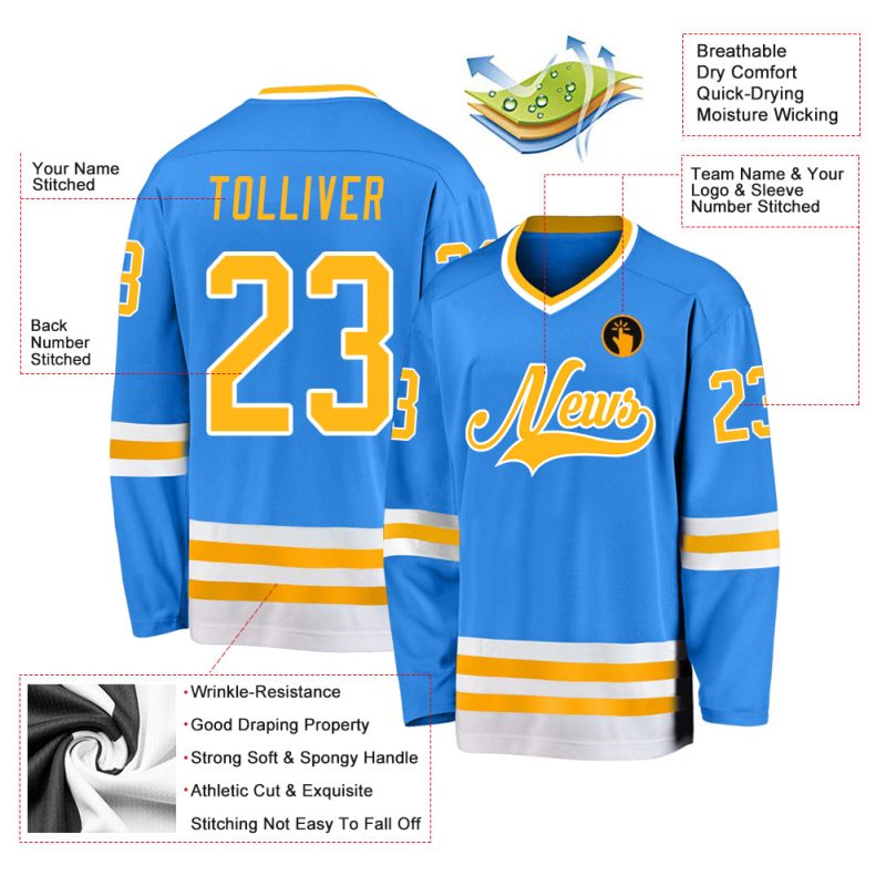 Personalized Powder Blue Gold-White Hockey Jersey Team Custom Name and Number