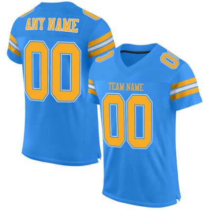 Personalized Powder Blue Gold-White Mesh Authentic Football Jersey Team Custom Name and Number