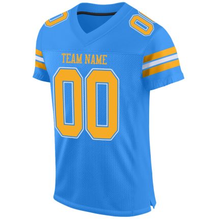 Personalized Powder Blue Gold-White Mesh Authentic Football Jersey Team Custom Name and Number